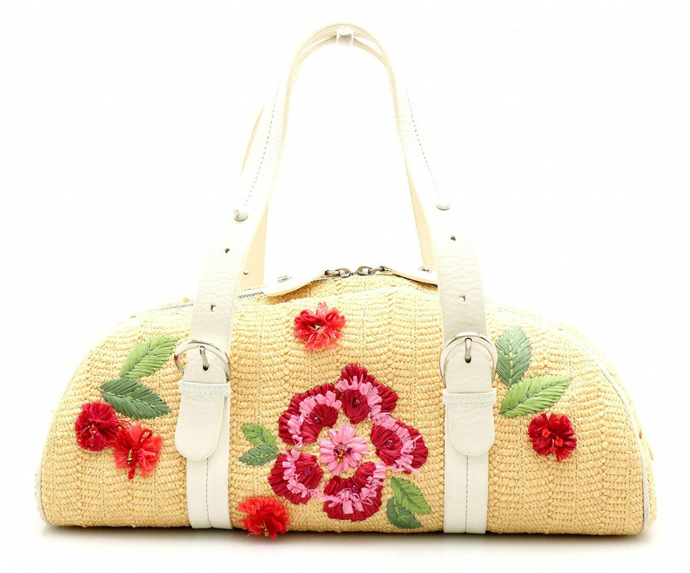 Christian Dior Saddle Bag Flower Straw Tan Beige Cream White